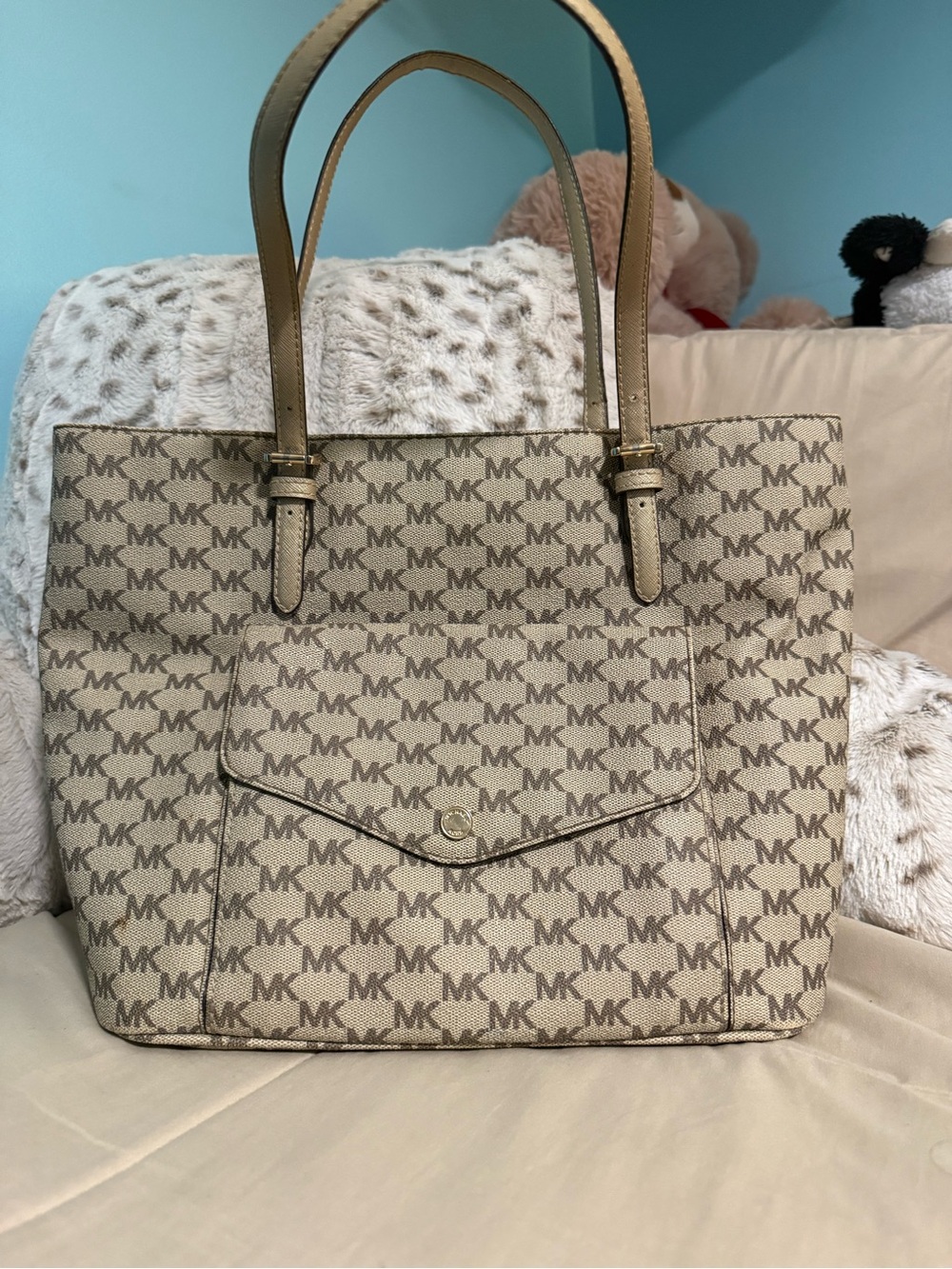 Michael Kors Beige MK Logo Tote Bag